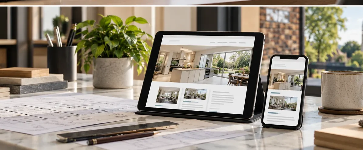 Illustrative responsive architecture website on tablet and phone for Bishop's Stortford.