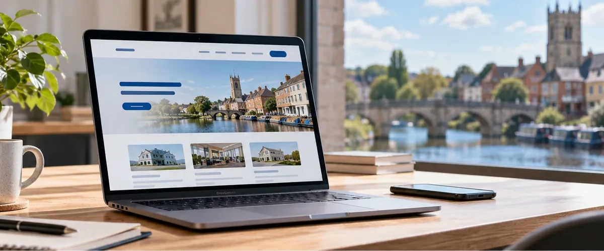 Illustrative riverside website design shown on a laptop for a Huntingdon business.