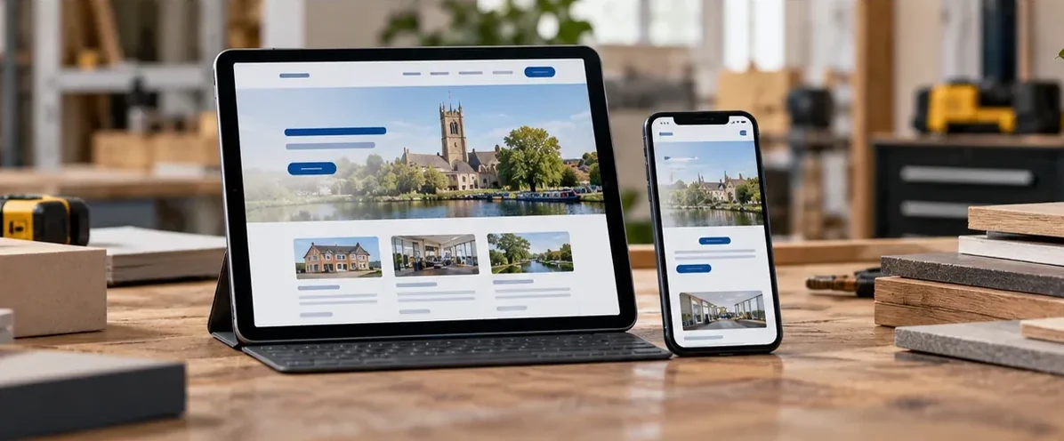 Illustrative responsive website concept on tablet and phone for Huntingdonshire services.