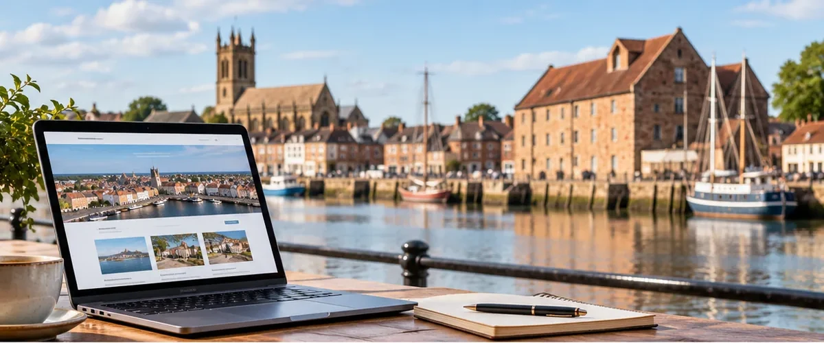 Illustrative waterfront laptop website design for a King's Lynn business.