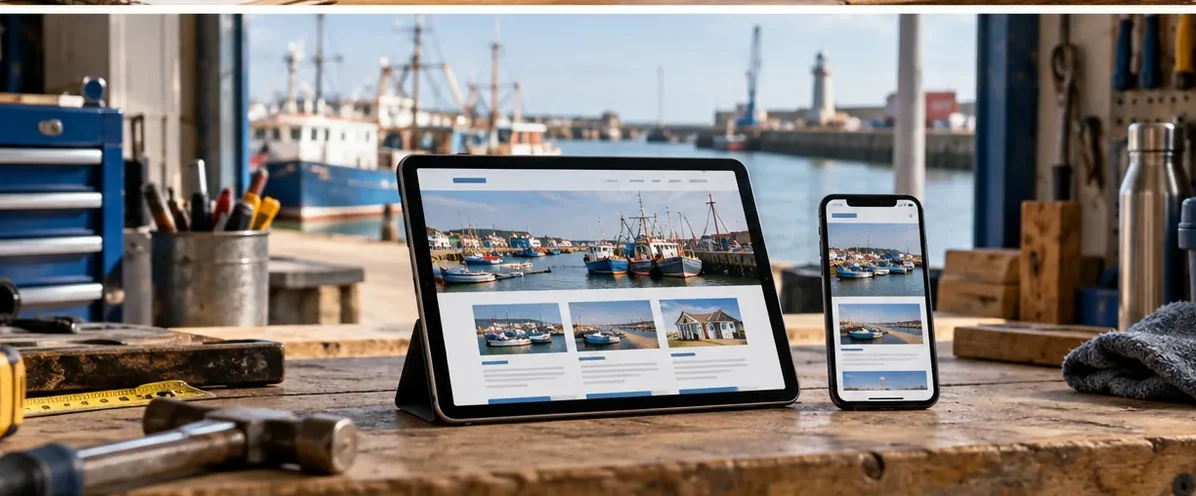 Illustrative responsive marine and service-business website on tablet and phone for Lowestoft.
