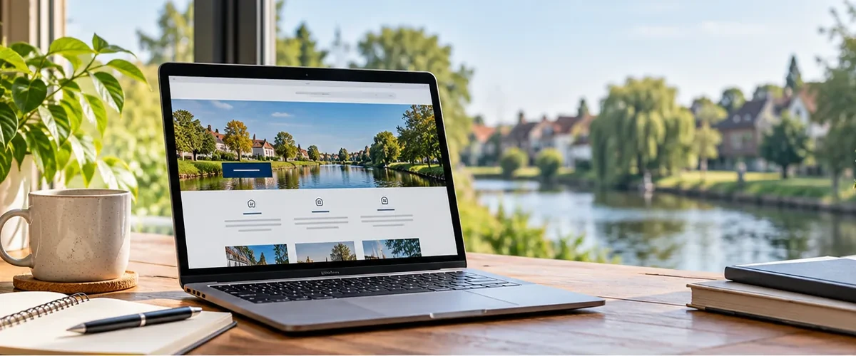 Illustrative laptop website design beside a riverside view for a St Neots business.