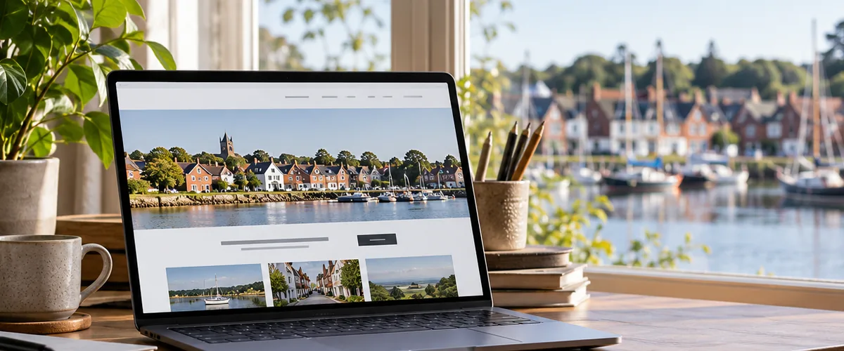 Illustrative riverside laptop website design for an independent Woodbridge business.