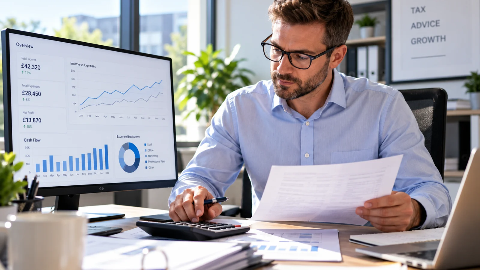 Accountant website design - accountant reviewing financial reports in a modern office