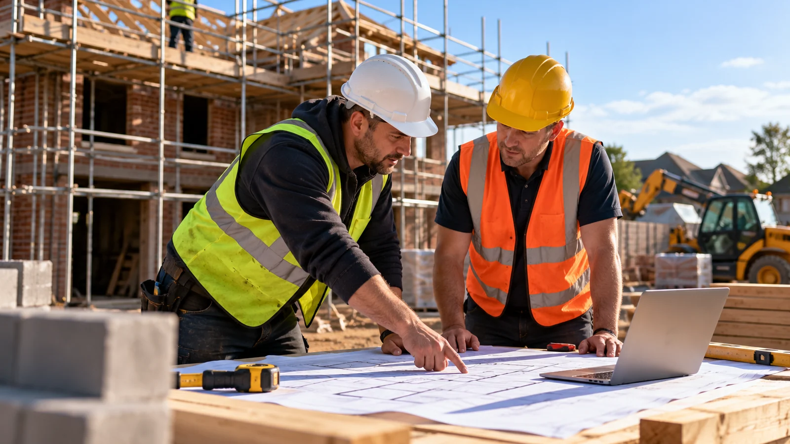 Construction company website design - construction professionals reviewing plans on an active building site