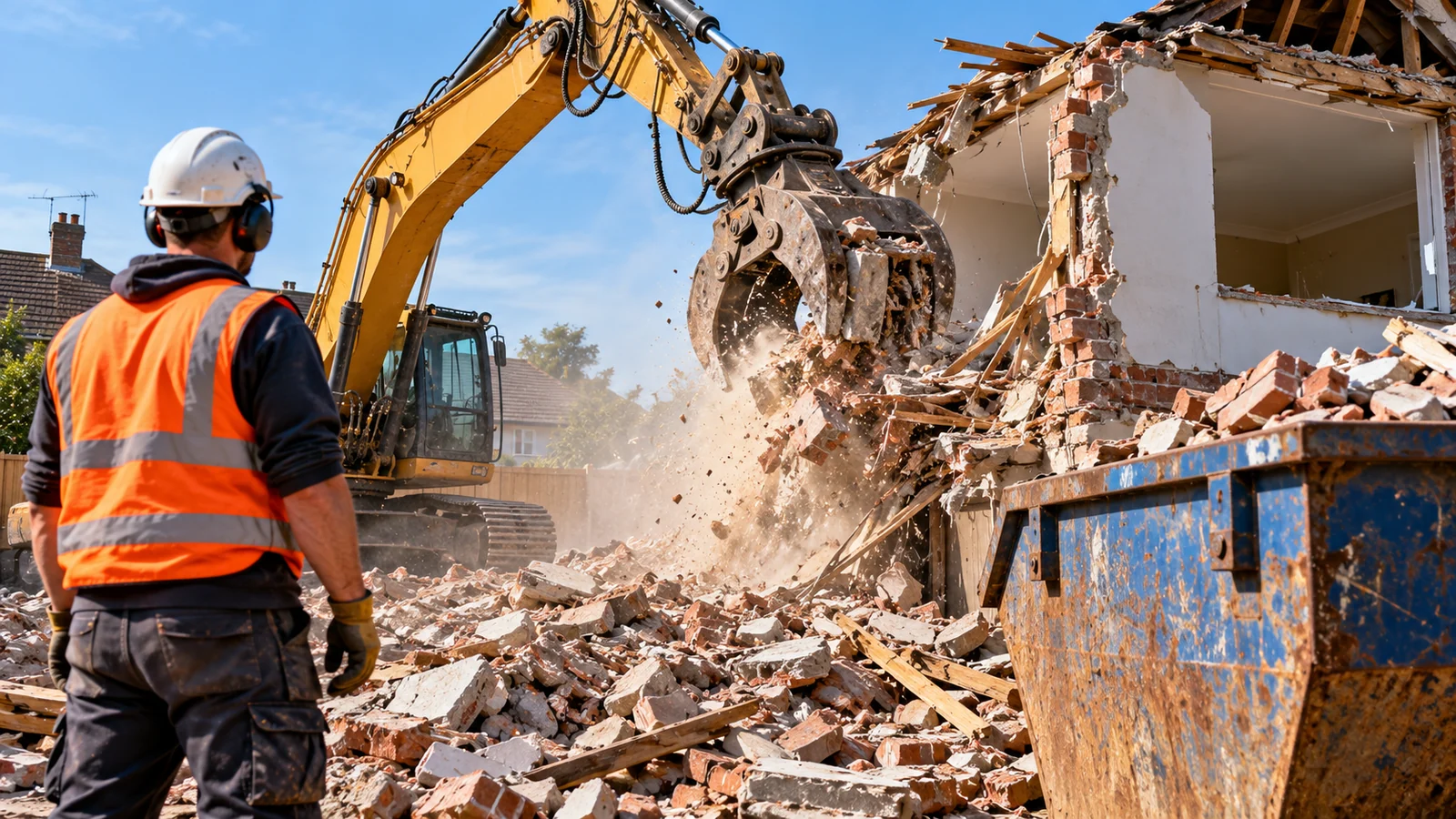 demolition company website design – demolition contractor carrying out controlled demolition on a UK worksite