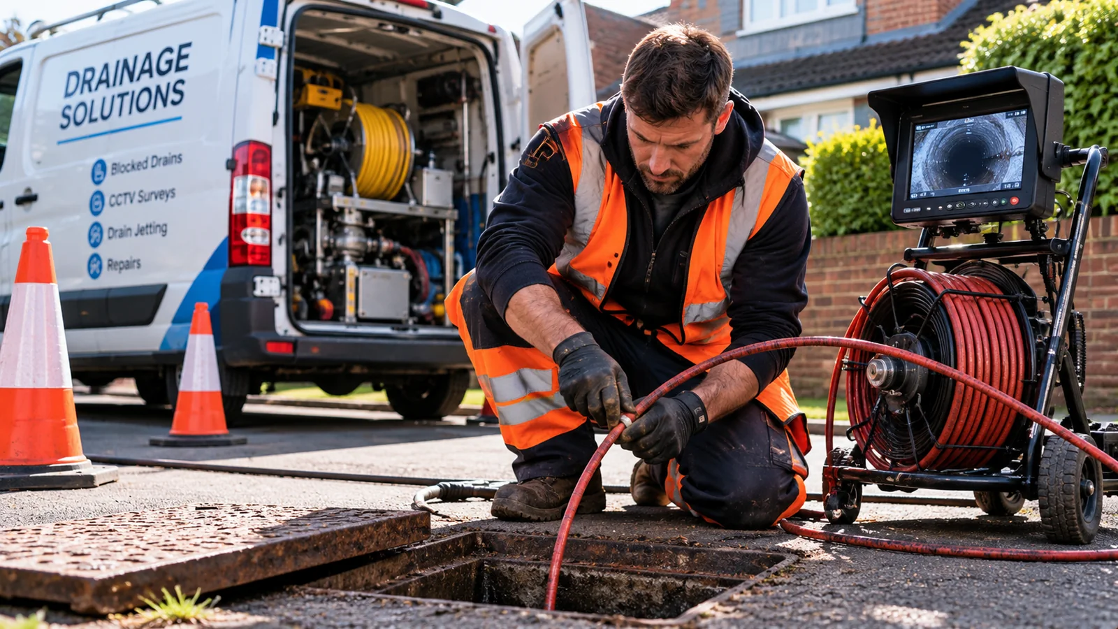 drainage company website design – drainage engineer carrying out a CCTV drain inspection beside a service van