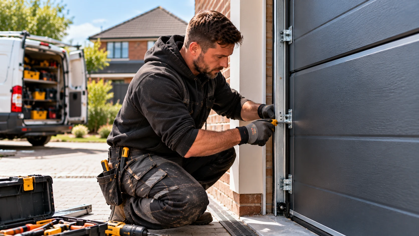garage door company website design – professional garage door engineer installing a modern sectional garage door