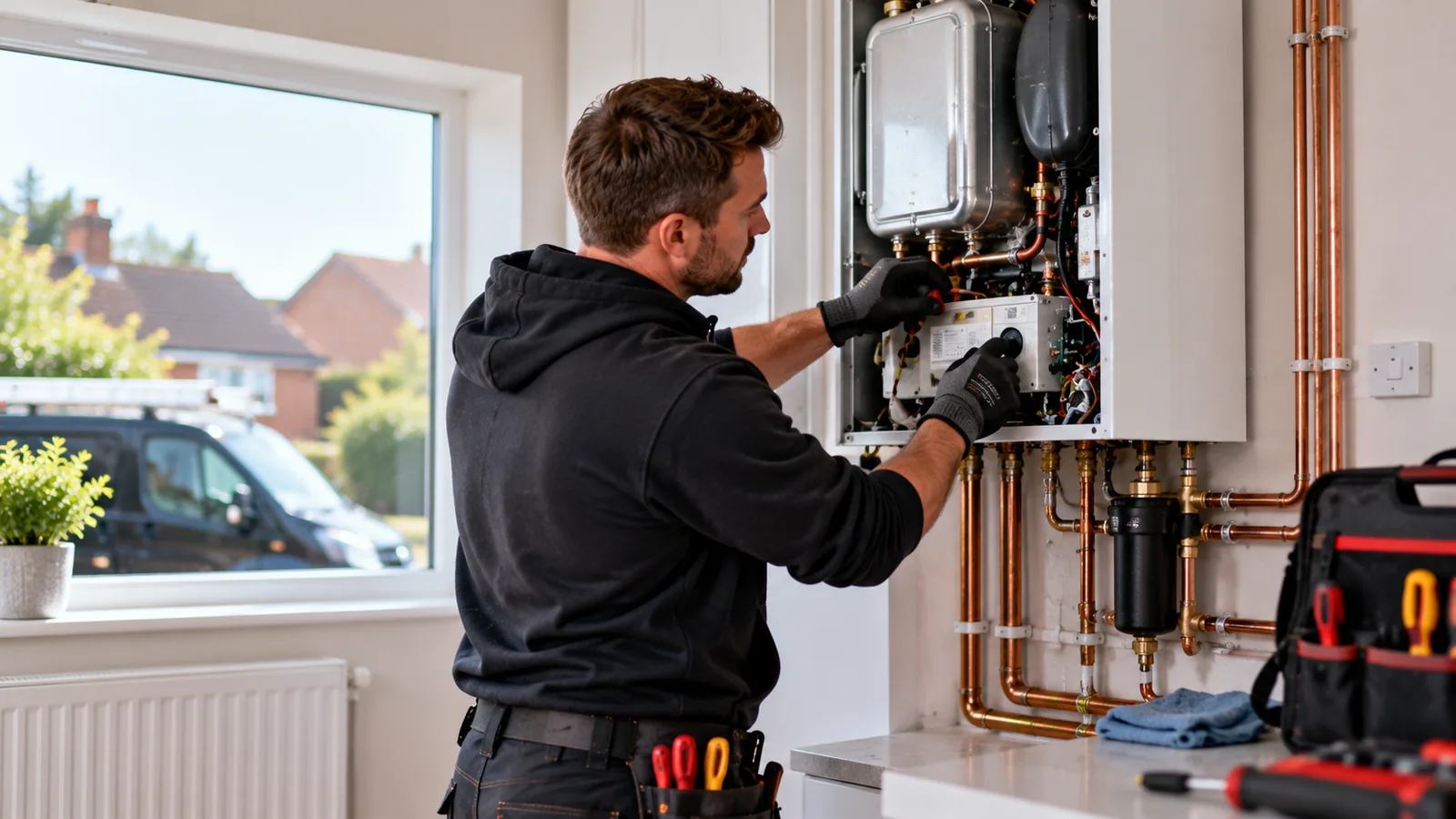 heating engineer website design – professional heating engineer servicing a modern boiler in a UK home