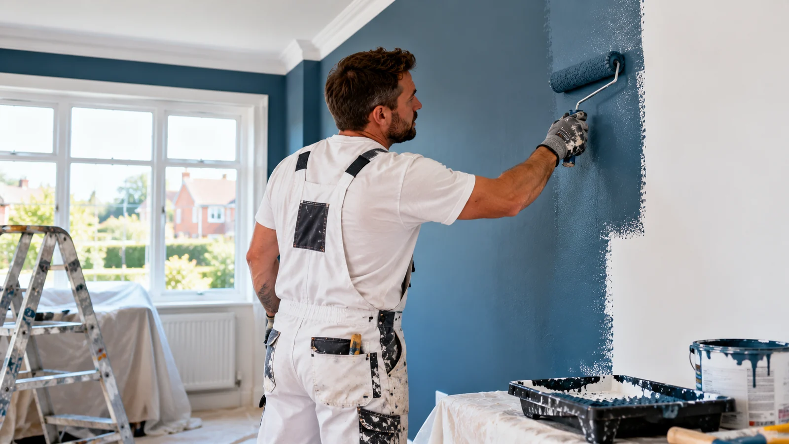 painter decorator website design – professional painter and decorator applying a clean finish to an interior wall in a UK home