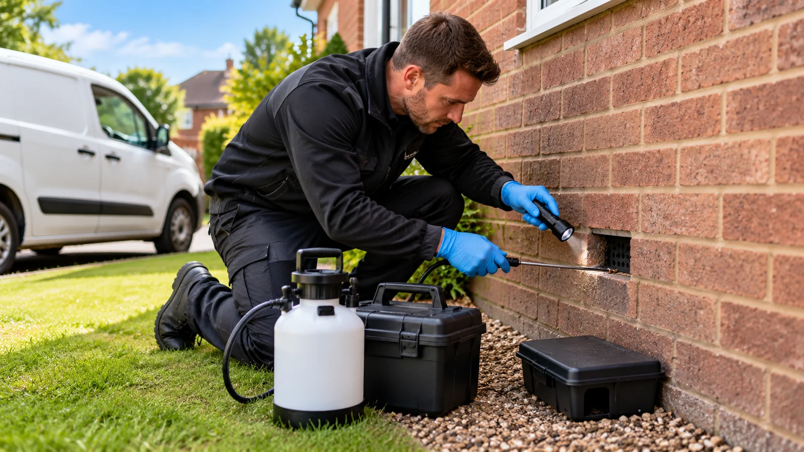 pest control company website design – professional pest control technician inspecting a residential property
