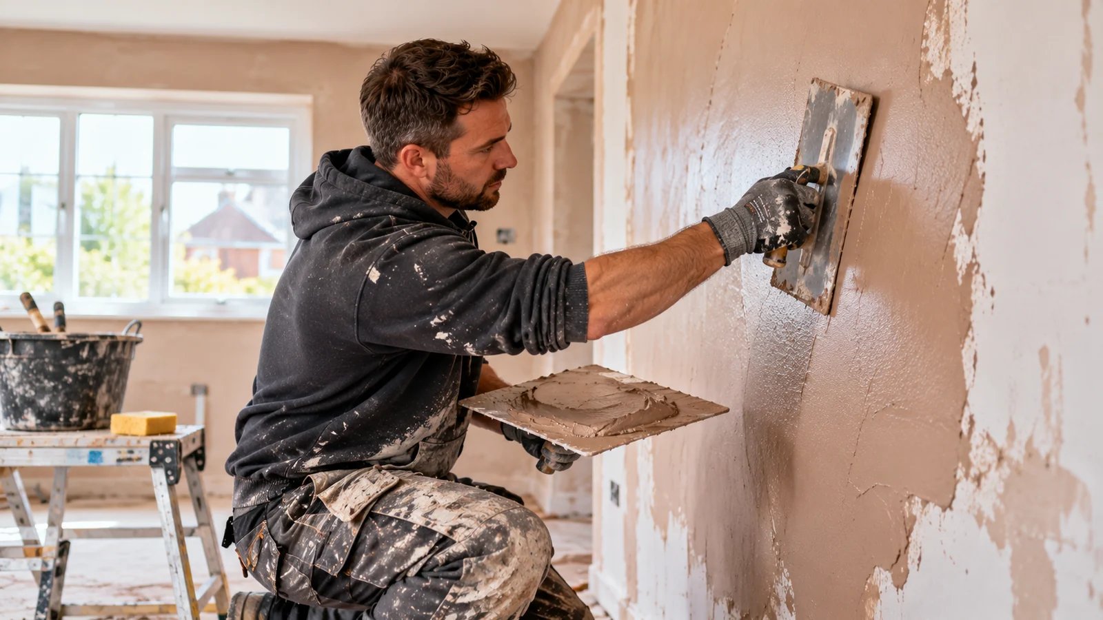 plasterer website design – professional plasterer applying a smooth skim coat to an interior wall in a UK home