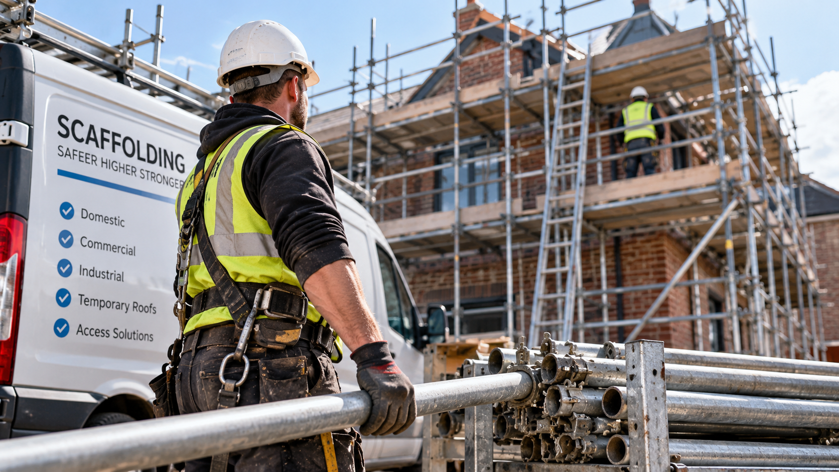 scaffolding company website design – professional scaffolders erecting access scaffolding on a UK building project