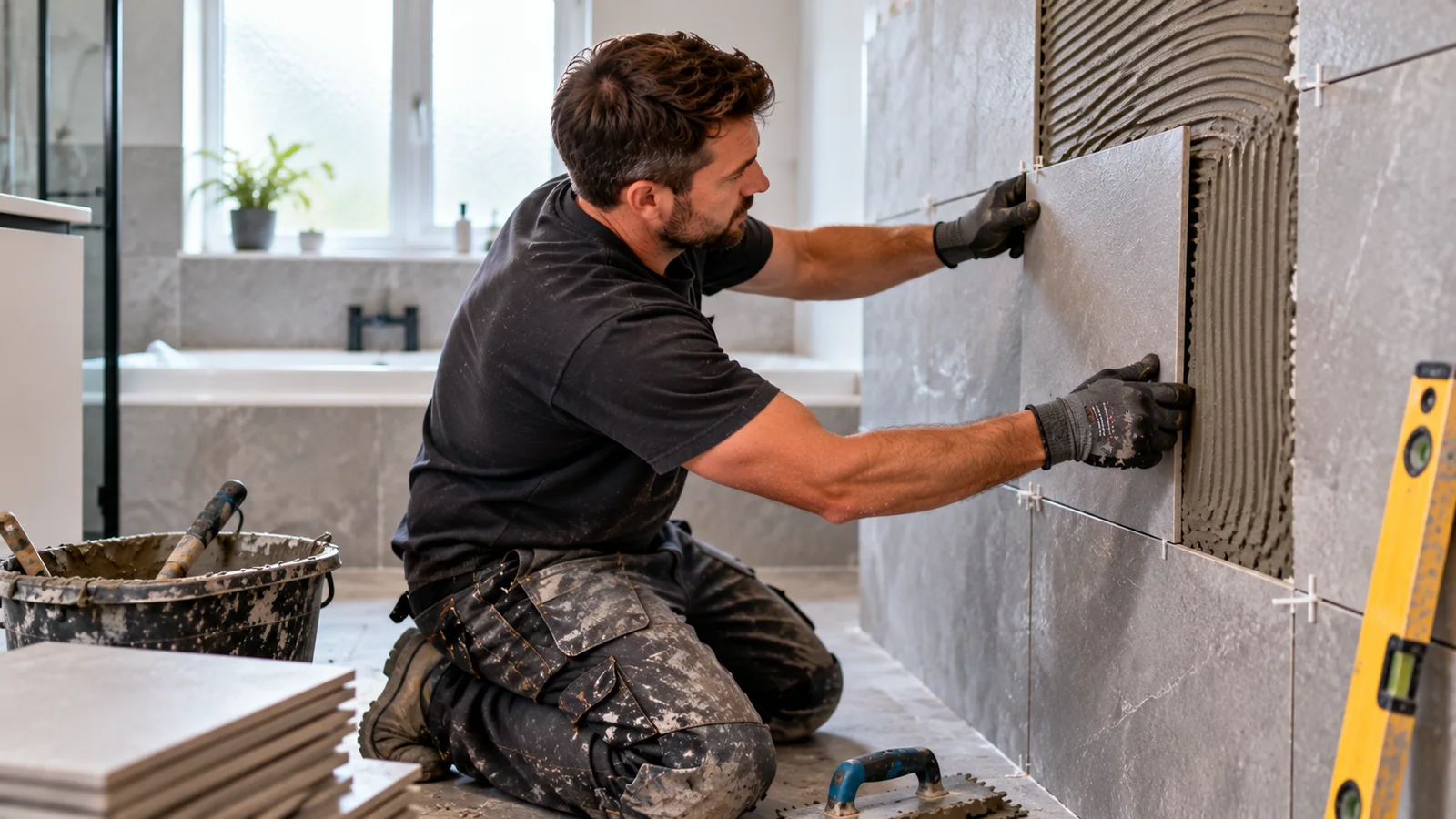 tiler website design – professional UK tiler installing large-format tiles in a modern bathroom